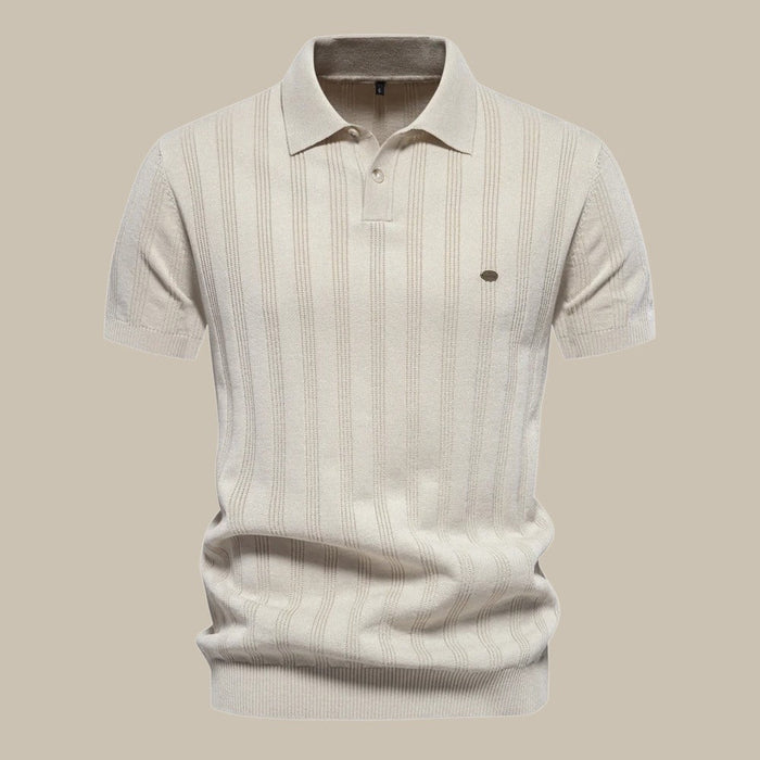Męska teksturowana koszulka polo – krótki rękaw, elegancki casualowy top na letnie miejskie wyjścia