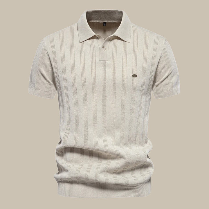 Męska teksturowana koszulka polo – krótki rękaw, elegancki casualowy top na letnie miejskie wyjścia