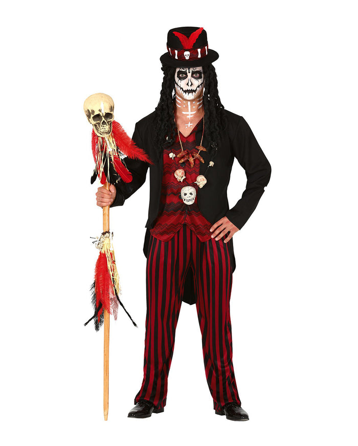 Męski kostium czarodzieja voodoo z kapeluszem, kurtką i spodniami na Halloween