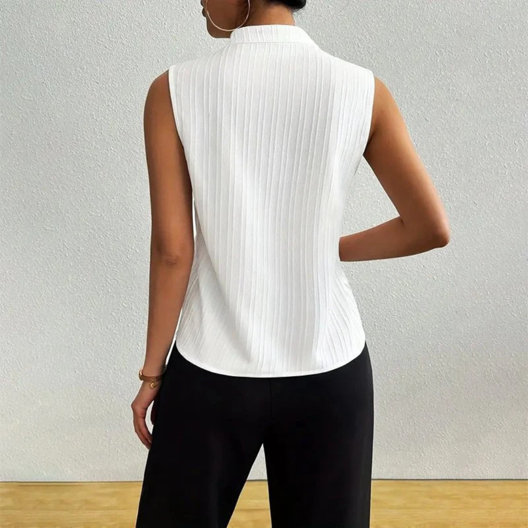 Bluzka damska z kołnierzem stójkowym – bezrękawnik w paski na lato do biura i codziennego noszenia