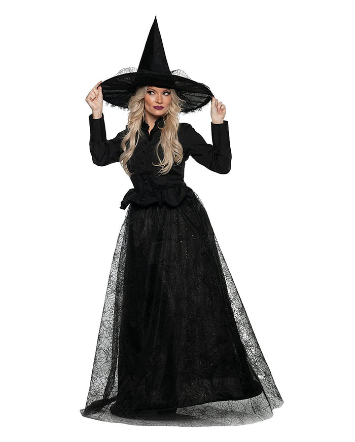 Czarna Sukienka Czarownicy z Koronką w Kształcie Pajęczyny i Kapelusz na Halloween