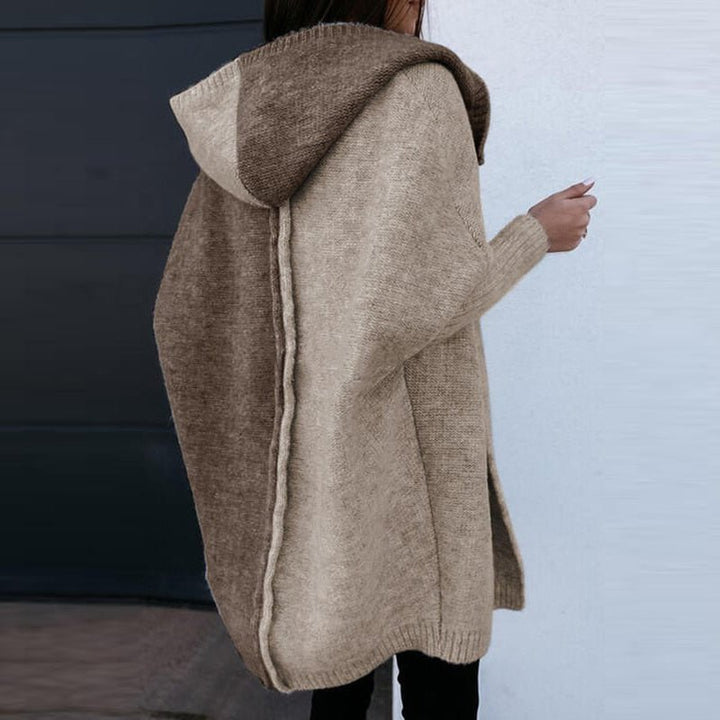 Damski kardigan z kapturem w stylu patchwork – Stylowy, casualowy, komfortowy, ciepły sweter do codziennego noszenia