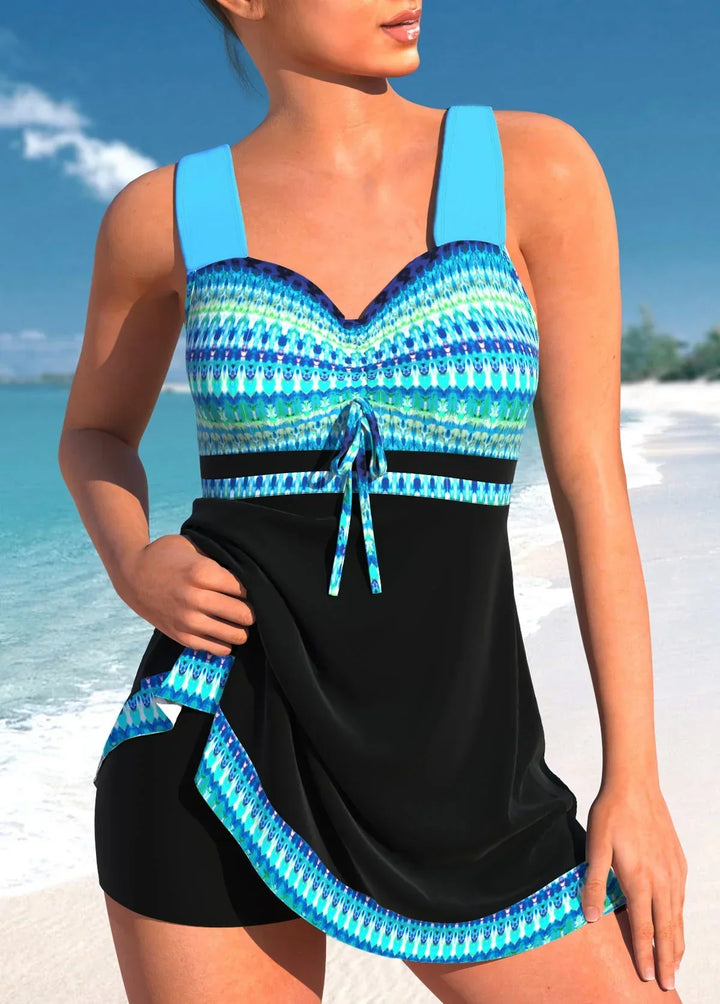 Kobiece Tankini Kostium Kąpielowy z Wzorem, Regulowany, Z Marszczeniem, Zestaw Plażowy