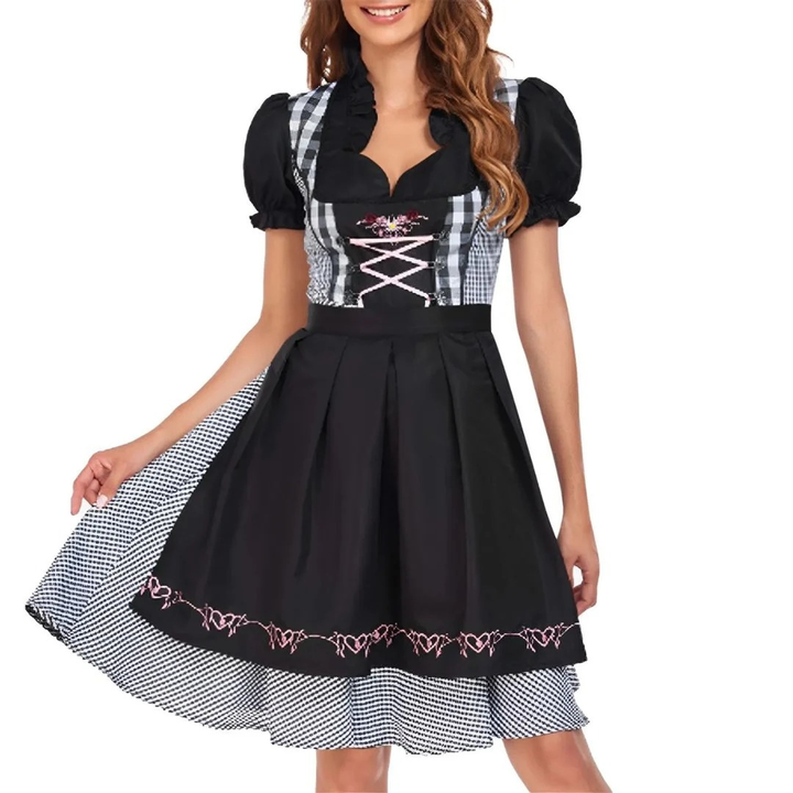 Damski Dirndl z Falbankami na Oktoberfest – Sukienka Ludowa z Bufiastymi Rękawami i Sznurowanym Gorsetem