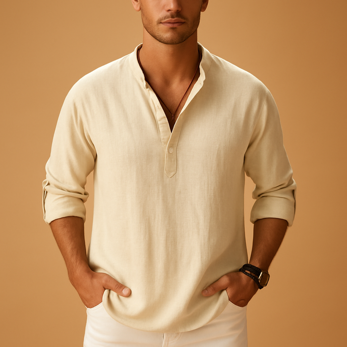 Męska koszula V-neck na lato, lekka, oddychająca, stylowa, z długim rękawem, casualowa, elegancka