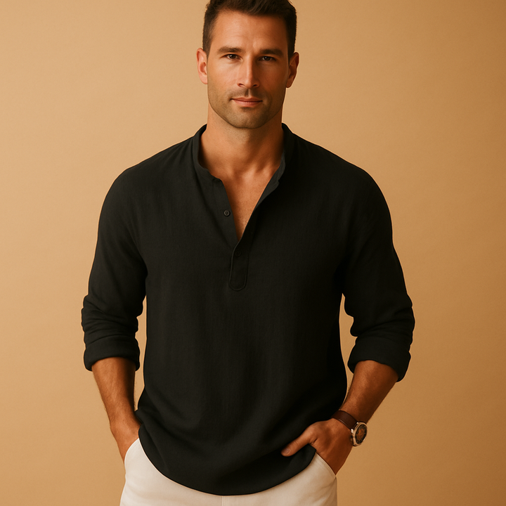 Męska koszula V-neck na lato, lekka, oddychająca, stylowa, z długim rękawem, casualowa, elegancka