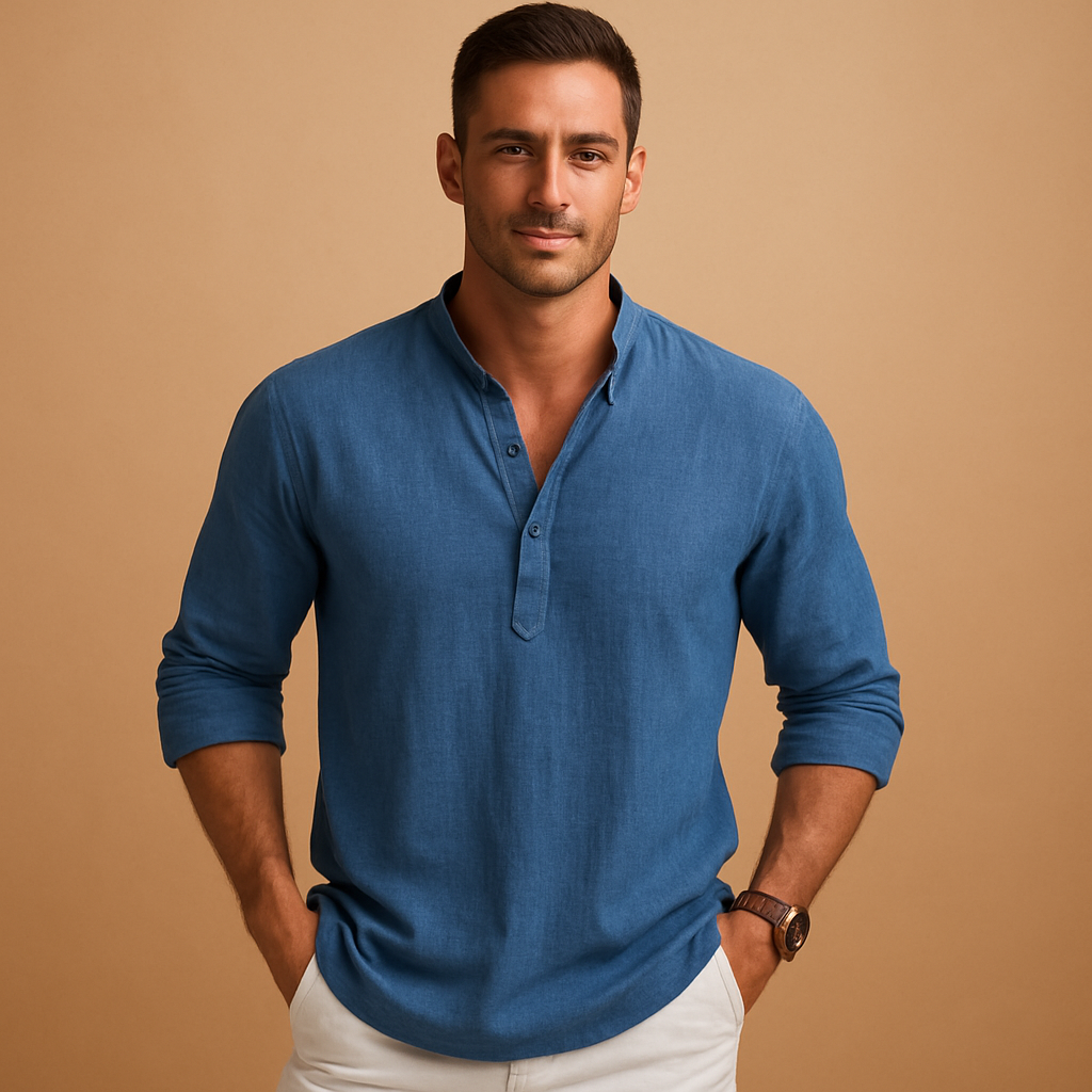 Męska koszula V-neck na lato, lekka, oddychająca, stylowa, z długim rękawem, casualowa, elegancka
