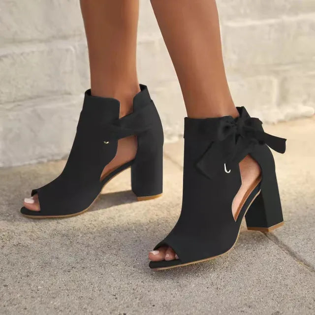 Damskie Botki Peep Toe z Kokardą na Słupku